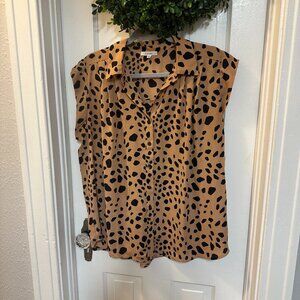 Pleione Brown w/Black Spotted Print Cap Sleeves Women's Button Down Blouse-Large